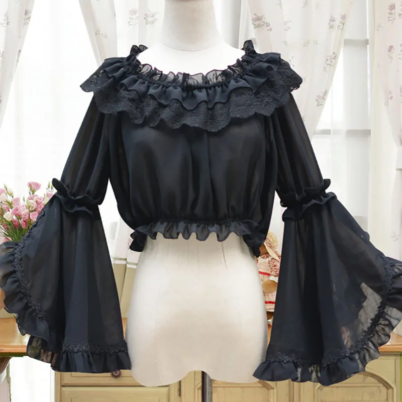 Lolita Blouses Ladies Sweet Lolita Lace Blouse Neverland Chiffon Loose Layered Crop Tops Victoria Costume Long Bell Sleeves For Women Oversize