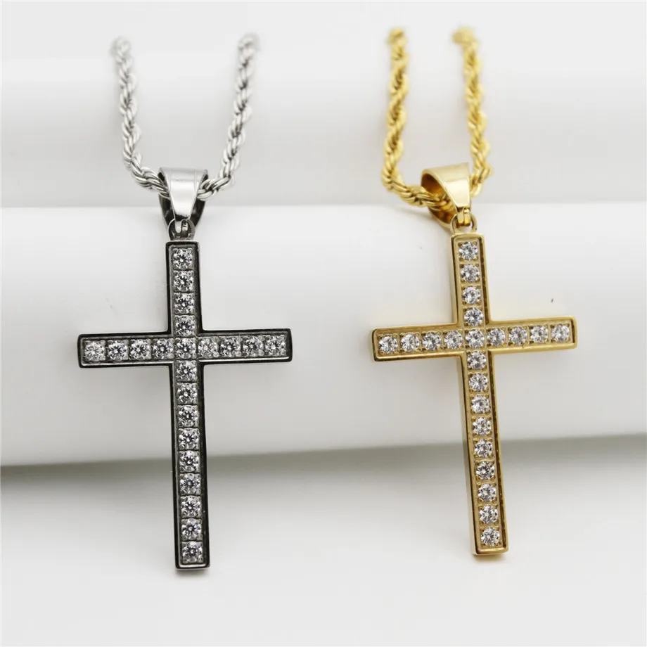 Хип хоп Iced Out CZ крест кулон и цепи из нержавеющей стали Bling Cross ожерелье для мужчин