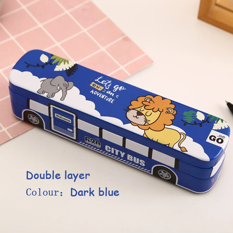 Creative bus stationery box multi-function pencil box iron box children's school supplies men and women students double-layer p