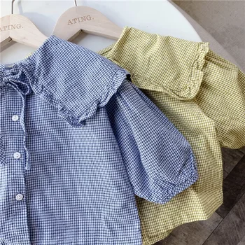 

3377 2020 Spring New Girl's Korean Shirt Summer Plaid Long Sleeve Shirt Big Lapel Bow Tie Up Lady Wear Children's Wear 20122