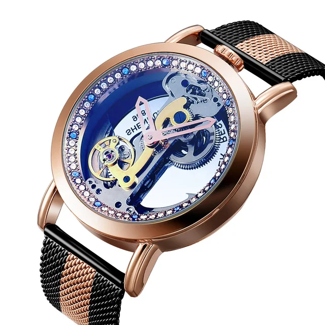 Роскошные мужские часы SHENHUA прозрачный циферблат Troubillon полностью стальные часы Мужские автоматические механические часы Relogio Masculino - Цвет: rose black