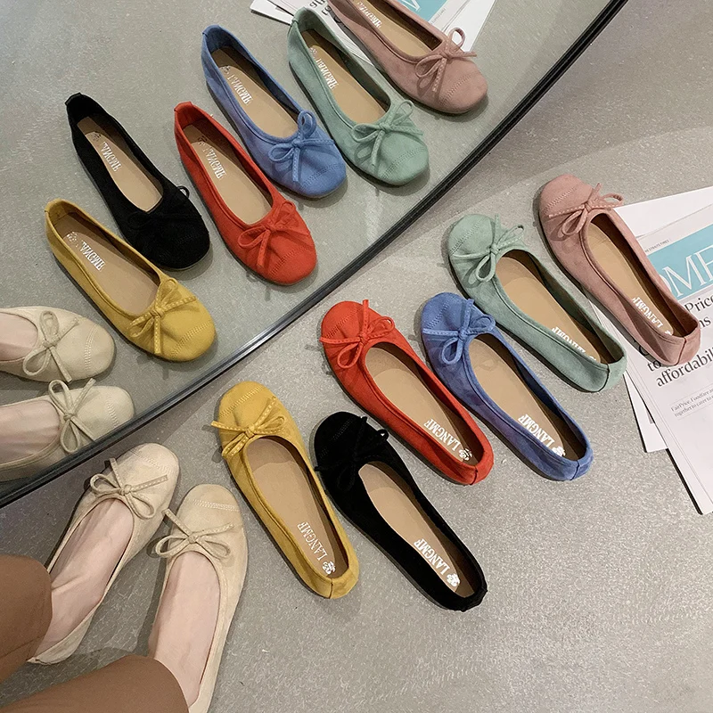 Nuevo Verano de 2020 pisos de Ballet Zapatos de Mujer resbalón en mocasines punta redonda superficial pajarita bailarina mocasín suave Zapatos Mujer 35-40