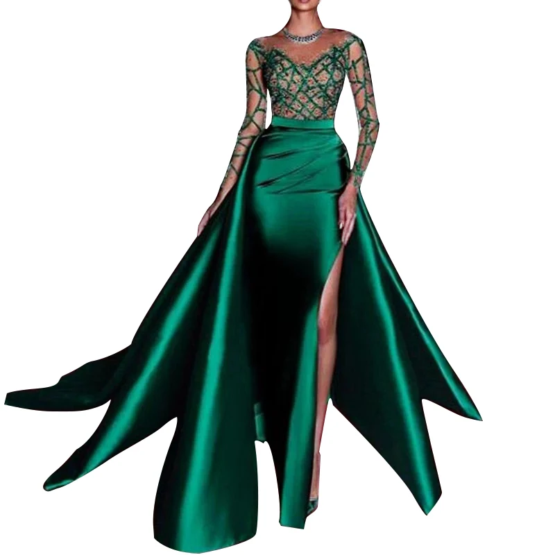 

Elegant Mermaid Evening Dresses 2022 Emerald Green Formal Dress Full Long Sleeves Satin Sexy Slit Pearls Beads Party Prom Gowns