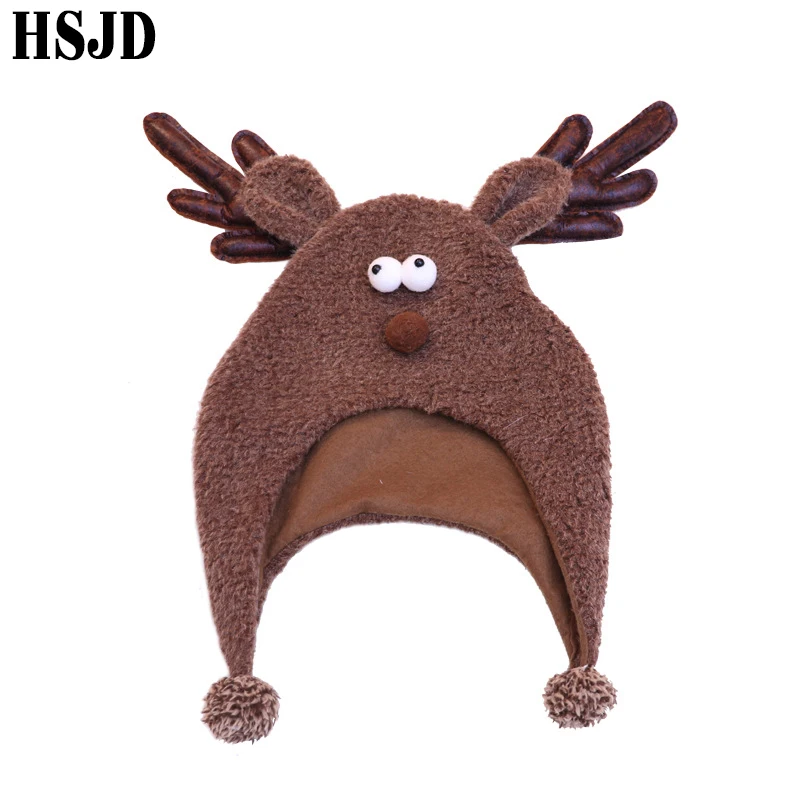 

Funny Cartoon Animal Winter Caps with Elk Antlers Christmas Hats For Women and Men Thick Velvet Warm Ear Cap Xmas Gift