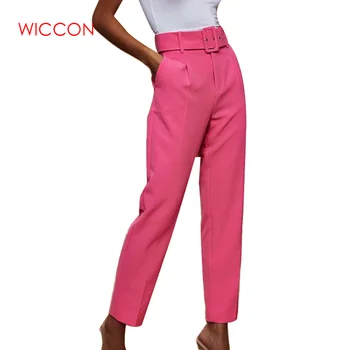 

White Buckle Casual Trousers Women Pants Female Loose Beach High Waist Pants Sexy Belt Fashion Pants Patalon Bottoms