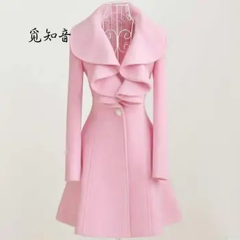 

2020 Winter Ruffles Collar Wool Coat Women Slim Medium-long Plus Size Slim Coat Female Single Button Elegant Coat Outerwear