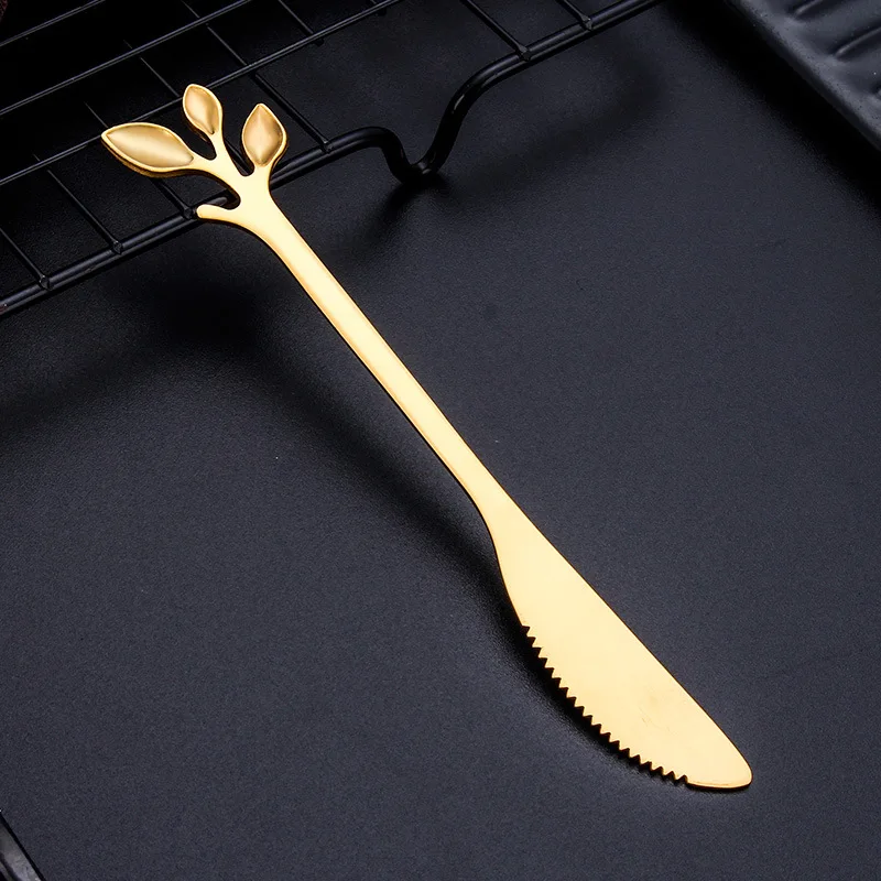 Stainless steel leaf spoon coffee spoon fruit fork cake fork stirring spoon fork creative dessert knife and fork spoon - Цвет: e