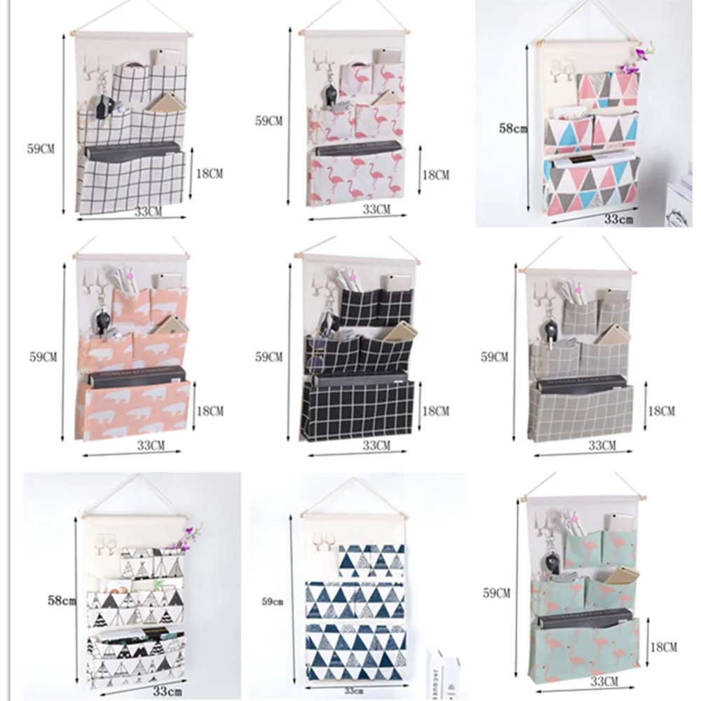 5 Pockets Wall Mounted Bag Waterproof Bedroom Home Storage Hanging Pocket with Hooks Cotton Linen Fabric Sundries Organizer 2
