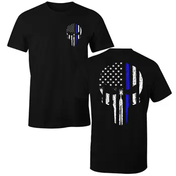 

Thin Blue Line USA American Skull Flag Patriotic Police T-Shirt