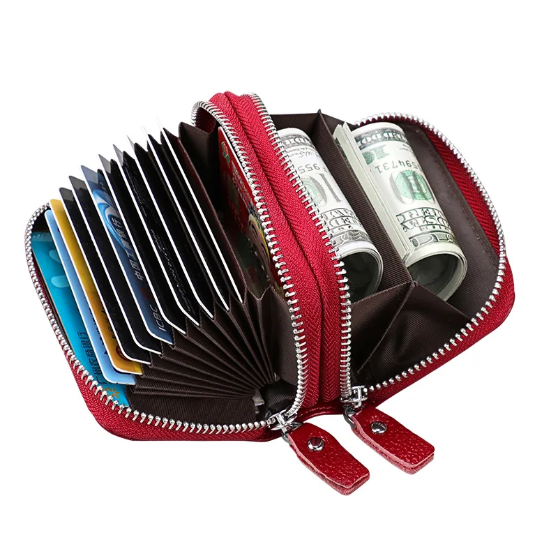 Najtaniej Oryginalne skórzane etui na karty RFID o dużej pojemności identyfikator firmy wołowej etui na karty kredytowe podwójny zamek błyskawiczny moneta kiesa portfel