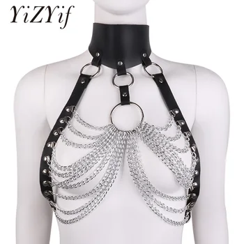 

Women Punk Bra Harness Belt Faux Leather Cupless Hollow Out Tops Body Bust Harness Belt Metal Chain Tassels gothic Harness Bra