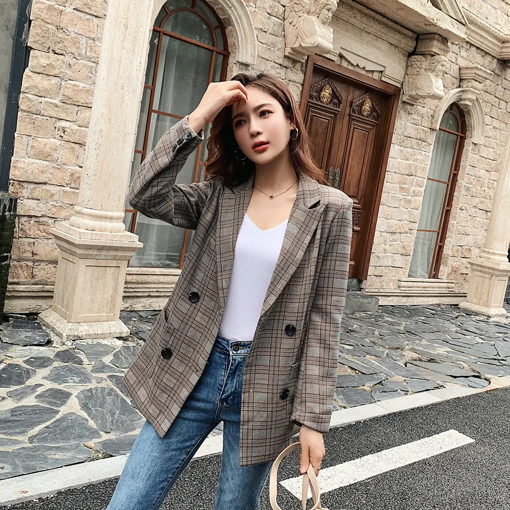 

Women Plaid Blazer Double Breasted Vintage Pockets Jacket Female Long Sleeve Button Loose Suit Coat Casual Outerwear Autumn 2019