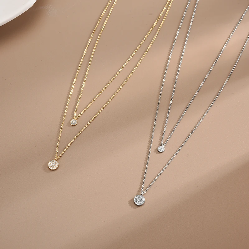 925 Sterling Silver Double Layer Necklace Full Zircon Round Pendants for Women