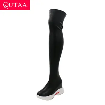 

QUTAA 2021 Wedges PU Winter Women Boots Height Increasing Over The Knee Boots Keep Warm Round Toe Casual Women Shoes Size 34-43