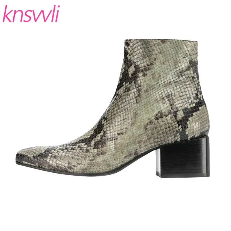 

New Genuine Leather Snake Pattern Ankle Boots Women Round Toe Side Zipper Chelsea Boots Woman Chunky High Heels Short Booties