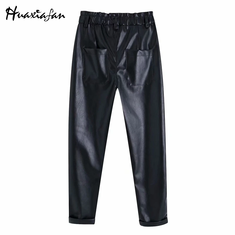 Huaxiafan, женские штаны из искусственной кожи, кожаные эластичные штаны с высокой талией, женские свободные брюки с карманами, штаны на молнии для женщин