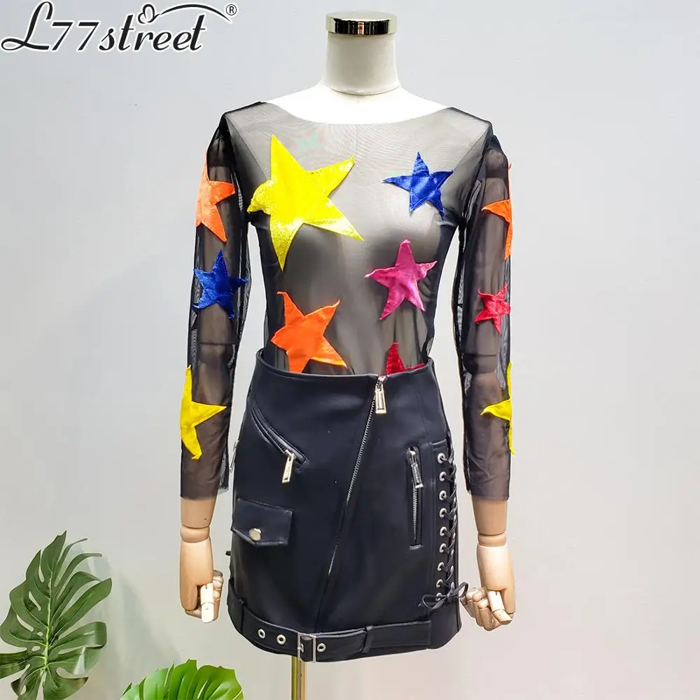 

Ultra-thin stretch mesh five-pointed star pattern velvet patch perspective winter net red with the bottom shirt T-shirt female