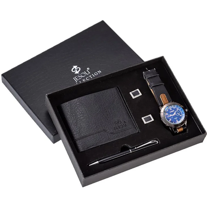 Роскошные Топ фирменные мужские часы набор подарочная ручка кожаный кошелек мужские повседневные модные наручные часы подарок набор для мужчин папа рождественские подарки - Цвет: Черный