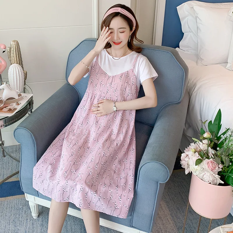 

Pregnant Women Summer Wear Tops 2019 New Style Lace Joint Computer Cable Lock Mid-length Summer Fashion Mom Loose-Fit Skirt