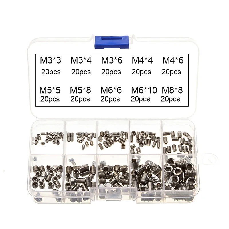 

200Pcs Metric Thread Stainless Steel Hexagon Socket Screws M3-M8 Cup Point Grub Screws Allen Head Key Grub With Screws Box