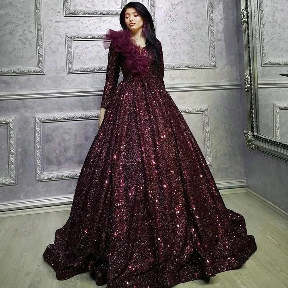 Burgundia formalna nocna impreza suknie wieczorowe 2021 luksusowe kobiety elegancka cekinowa szata De wieczór z długimi rękawami Vintage sukienka na studniówkę