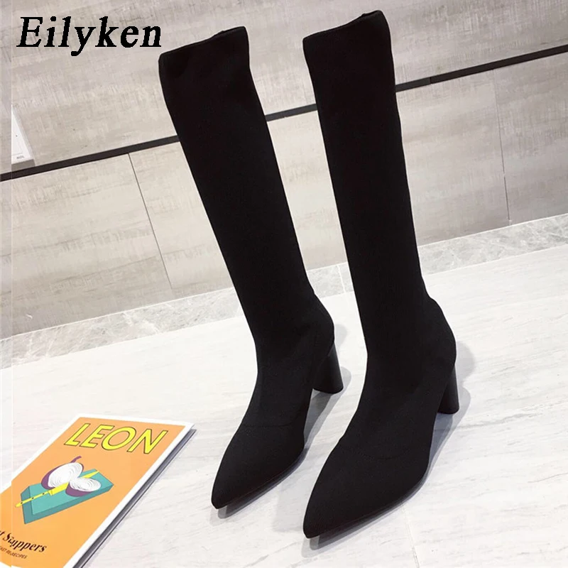 Eilyken/ г., зимние вязаные растягивающиеся сапоги женские сапоги с носком женская обувь с острым носком на высоком квадратном каблуке Женская обувь для отдыха