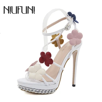 

Plus Size Sexy 42 Flower Platform Sandals Women Buckle Stiletto High Heels Chain NIUFUNI Wedding Shoes For Women Sandalias mujer