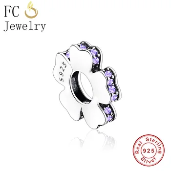 

FC Jewelry Fit Original Brand Charm Bracelet 925 Silver Flower Purple Zirconia Bead Kralen Rondelle Spacer Making Berloque DIY