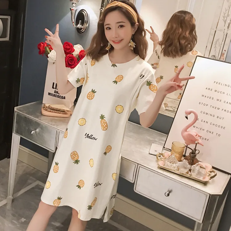 

Summer Japanese Style New Style Maternal Nursing Maternity Dress Nightgown Pineapple Printed Short Sleeve Pure Cotton Nursing Dr