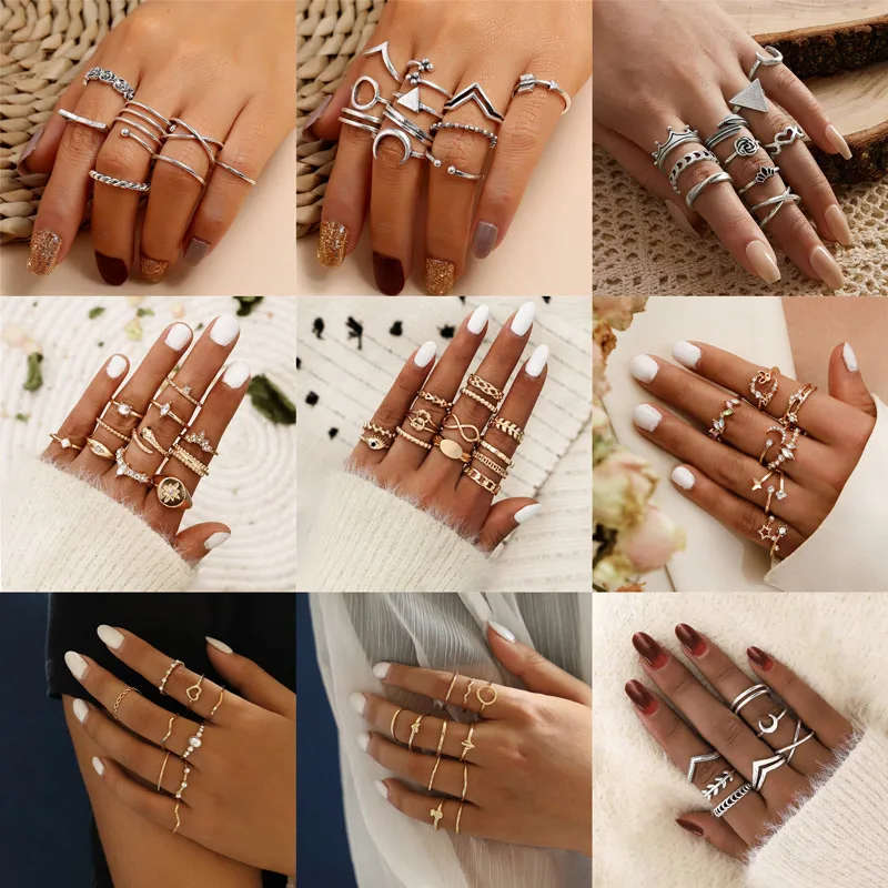 

VAGZEB New Gold Silver Color Round Hollow Geometric Rings Set For Women Fashion Cross Twist Crystal Joint Ring Female Jewelry