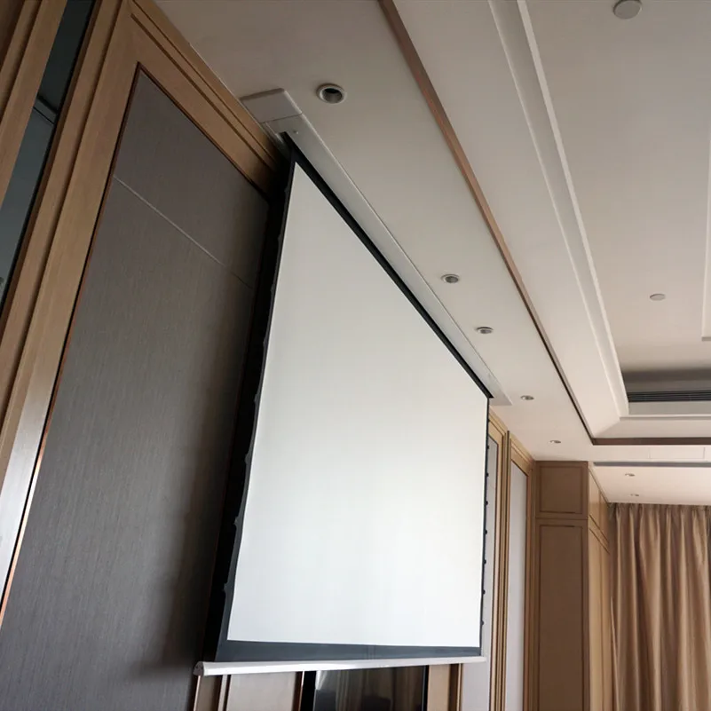 Pantalla de proyector eléctrica oculta en el techo HDTV 16:9 para  habitaciones multiusos con Material de proyección frontal tensado en blanco