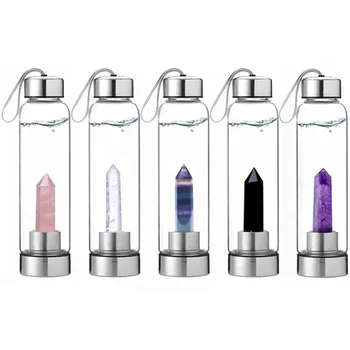 

Natural Quartz Gemstone Glass Water Bottle Direct Drinking Cup Glass Crystal Obelisk Wand Healing Wand Bottle with Rope 2020 new