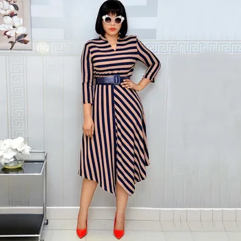 

Women Striped Office Dress African Fashion Irregular Tunic High Waist Female Work Dress Midi Autumn(With Belt) L-3XL Plus Size