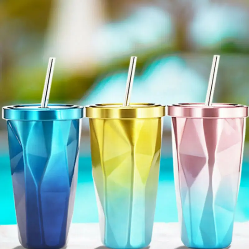 

Gradient Cup with Straw 500ml Stainless Steel Travel Mug Drinks Cup 4 Colors