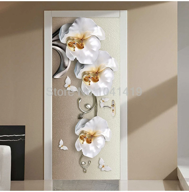ПВХ самоклеющиеся водонепроницаемые двери Стикер Европейский Стиль 3D стерео цветы орхидеи-бабочки Настенные обои Роскошные Настенные стикеры s