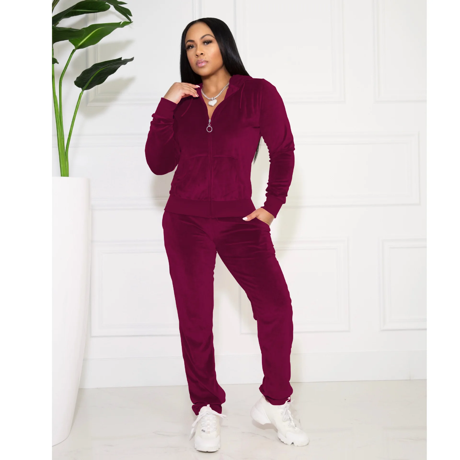 Activewear Sporty Two Piece Set Velvet Tracksuit for Women Zipper Up Long  Sleeve Hooded Jacket and Straight Pant Matching Outfit|Pant Suits| -  AliExpress