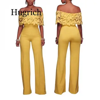 

2020 Fashion Summer Women Sexy Jumpsuit Off Shoulder Backless Lace Patchwork Casual Wide Leg Rompers Pants