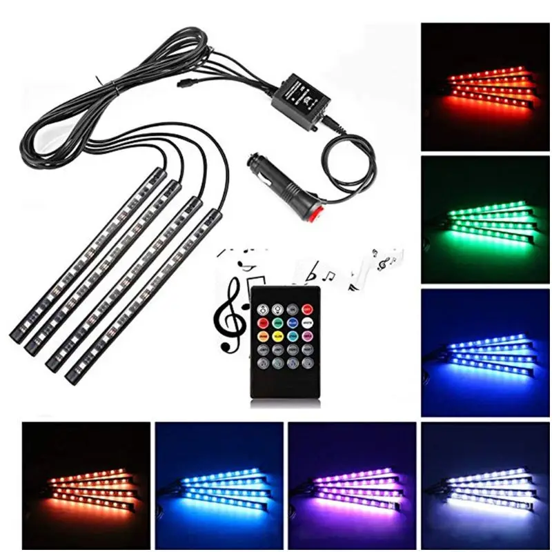 

Car LED Atmosphere Lamp One Dragging Four 12 Lamp Remote Control Colorful Light Ambience Light