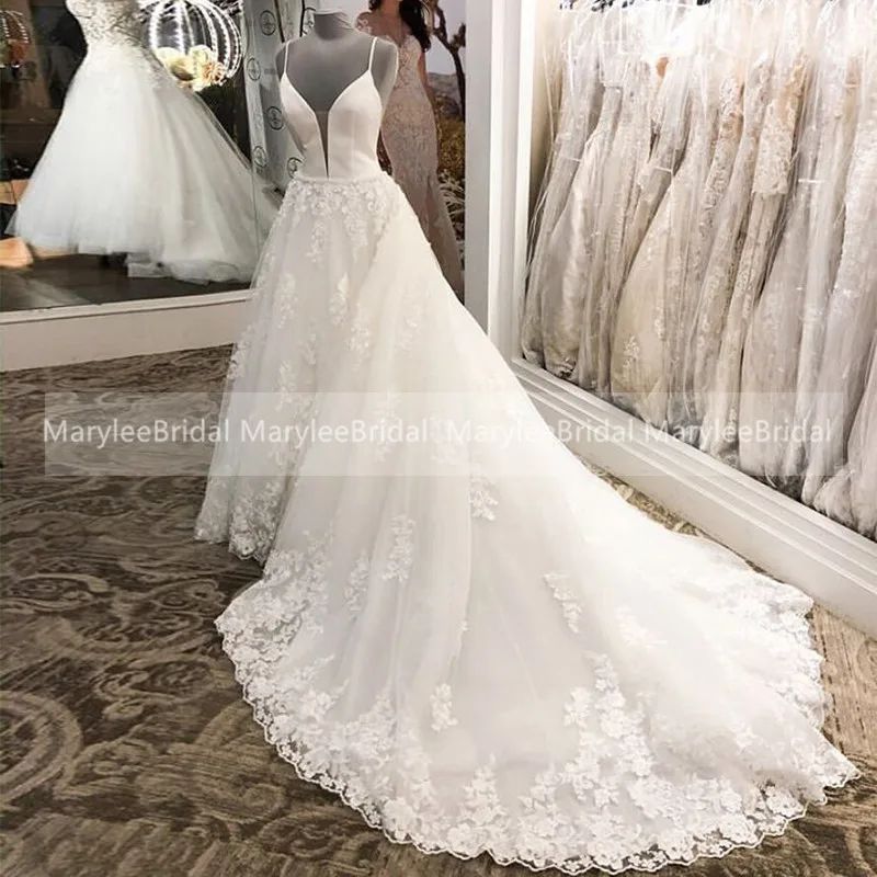 

Vestidos De Noiva Wedding Gowns 2020 Elegant Spaghetti Straps White Bride Dress With Lace Appliques Deep V-neck Wedding Dresses