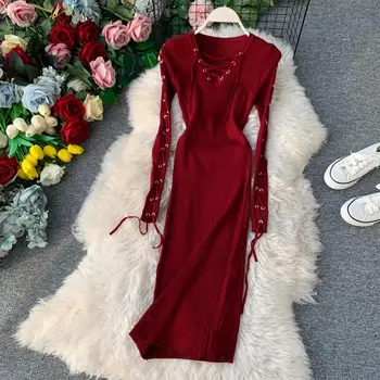 

Women Dress 2019 Knitted Maxi Dress Autumn Winter Lady Sexy Bodycon Dress Green Sweater Dress Long Sleeve Vintage Bandage Dress