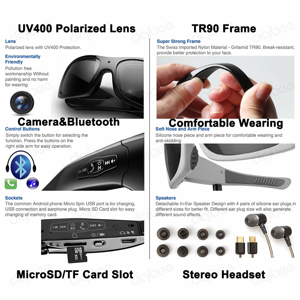 Умные очки TR90 32 ГБ поляризованные солнцезащитные камера Bluetooth гарнитура наушники