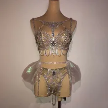 Сексуальный мигающий серебряный бюстгальтер-цепочка, стразы, короткая юбка, комплект одежды для женщин, певица, сценический наряд, танцевальный, выпускной, бар, комплект одежды