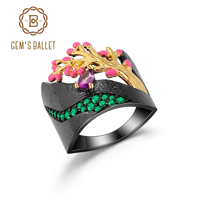 GEM'S BALLET Natural Amethyst Gemstone Ring 925 Sterling Silver Gold Color Handmade Enamel Craft Ring for Women Fine Jewelry GEM'S BALLET Natural Amethyst Gemstone Ring 925 Sterling Silver Gold Color Handmade Enamel Craft Ring for Women Fine Jewelry