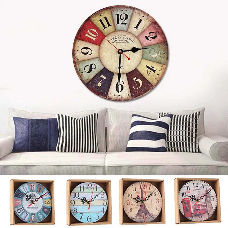 Relojes De Pared De Madera Reino Unido Retro Mute Colgante Reloj