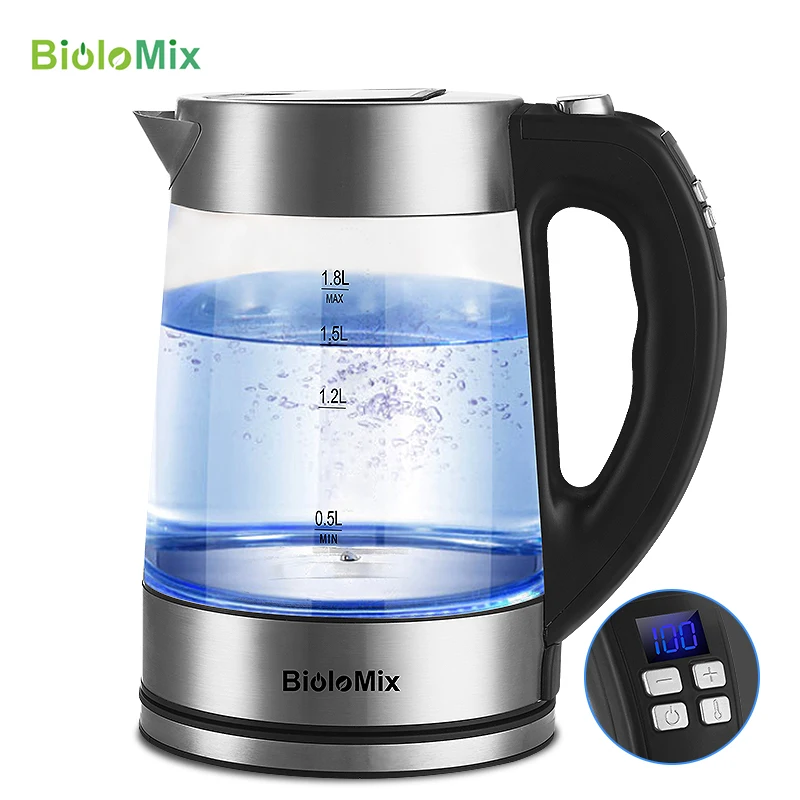 BioloMix 1.8L Blue LED Light Digital Glass Kettle 2200W Tea Coffee Kettle Pot 