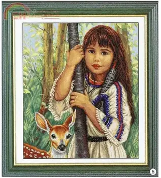 

Higher Cotton Top Quality Beautiful Lovely Counted Cross Stitch Kit Brown Hair Little Girl and Deer Shepherd in Forest Trees