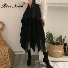 RICININA, Черная Женская юбка, осень, асимметричная, Корейская, шикарная, сетчатая, Женская юбка, макси, высокая талия, эластичная, повседневная, Jupe Femme Longue