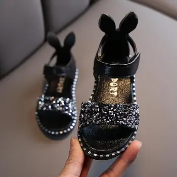

2020 Summer Girl Sandals Fashion Bling Shiny Rhinestone Toddler Girls Shoes with Rabbit Ear Kids Flat Sandals Children EU 21-36