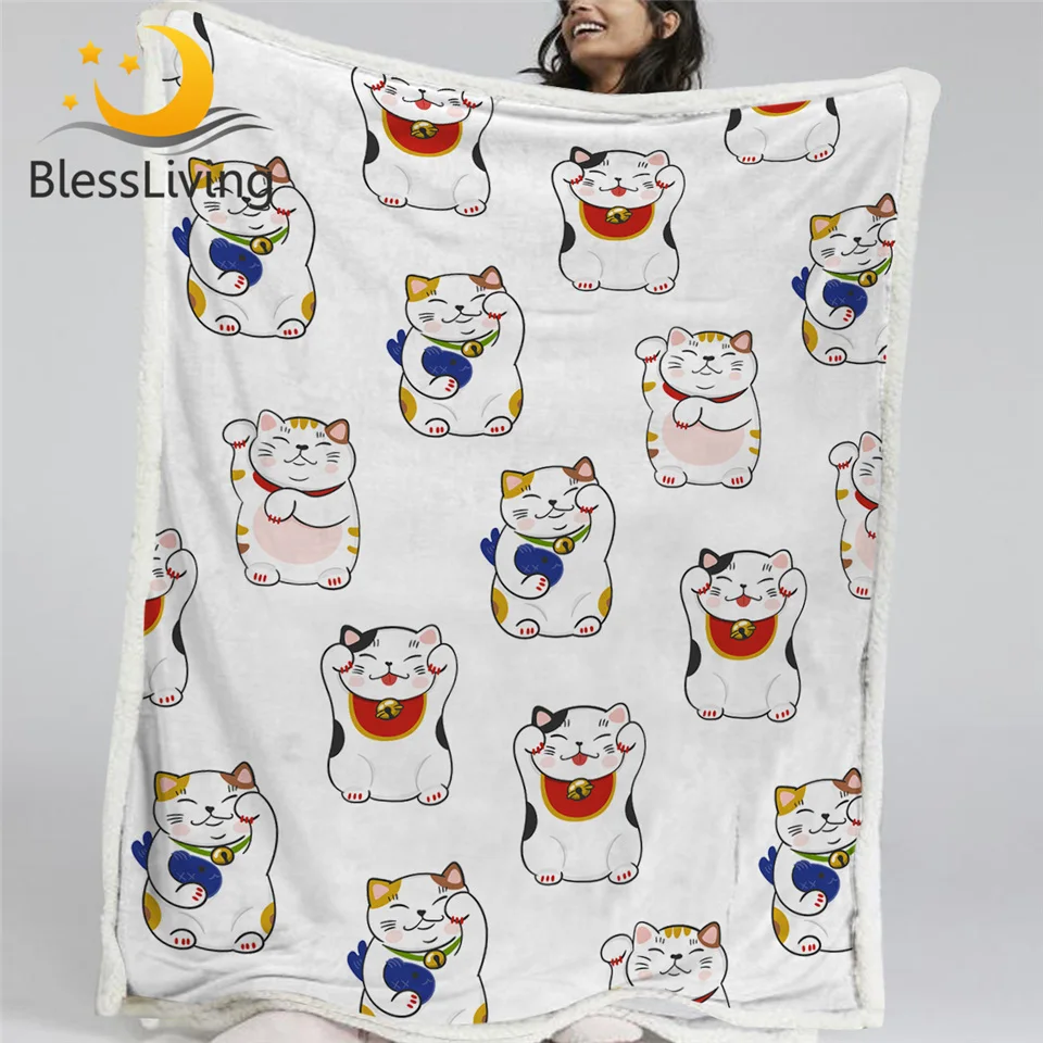 Милое одеяло blesslife Maneki Neko Sherpa мягкое японское покрывало с котом белое постельное