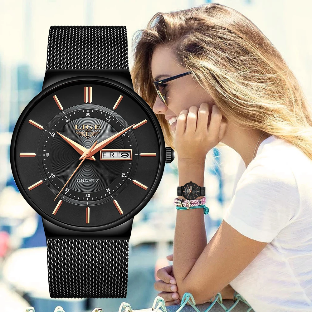 Women Watches LIGE Top Brand Luxury Waterproof Ultra Thin Date Clock Female Steel Strap Casual Quartz Watch Lady Wrist Watch+Box